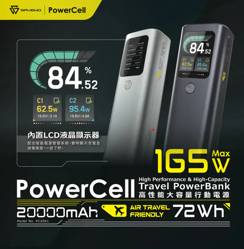 SAVEWO PowerCell PC20K1 高性能大容量行動電源【逢星期日截單, 預計 : 3至4星期發貨】